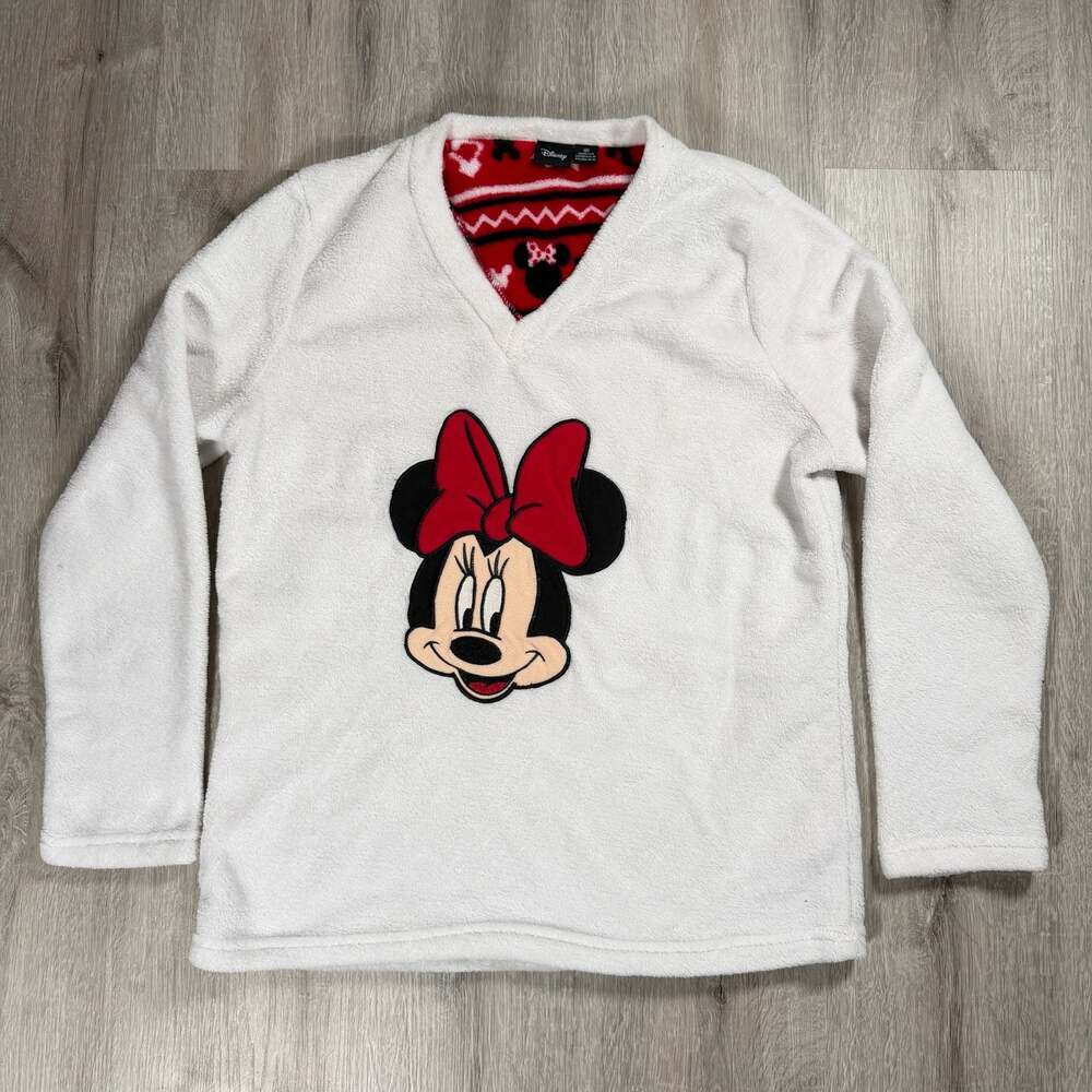 Womens Disney Minnie Mouse Plush Fleece V-Neck Pullover Sweatshirt Medium